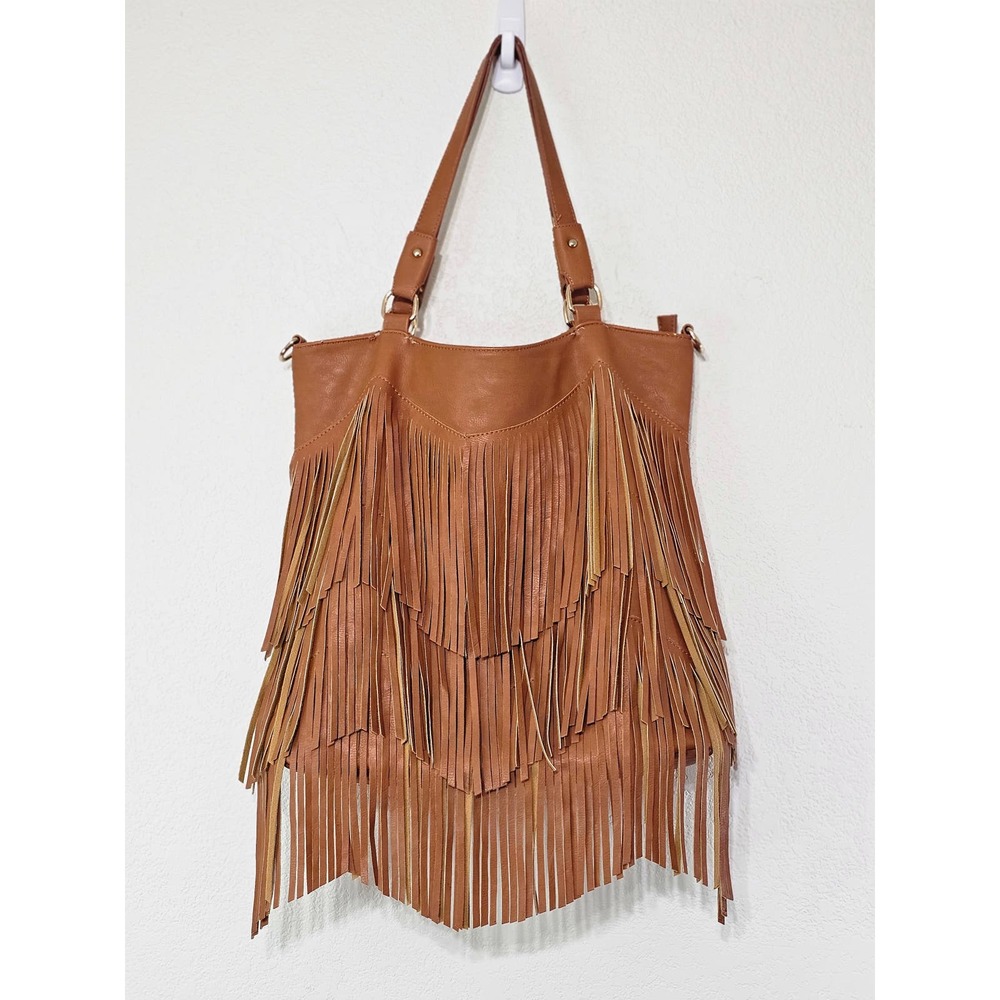 Urban Originals Ziggy Brown Vegan Faux Leather Fringe Shoulder Bag Boho Lg Tote